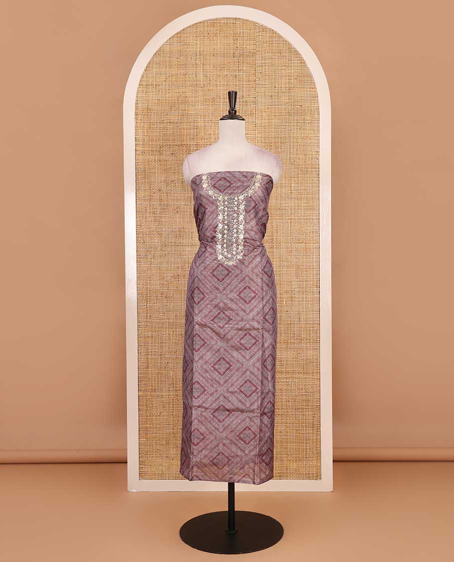 Grey and wine material chudidar set, geometric digital printed with neck embroidered Shimmer tissue top, santoon bottom, and floral printed Shimmer tissue dupatta