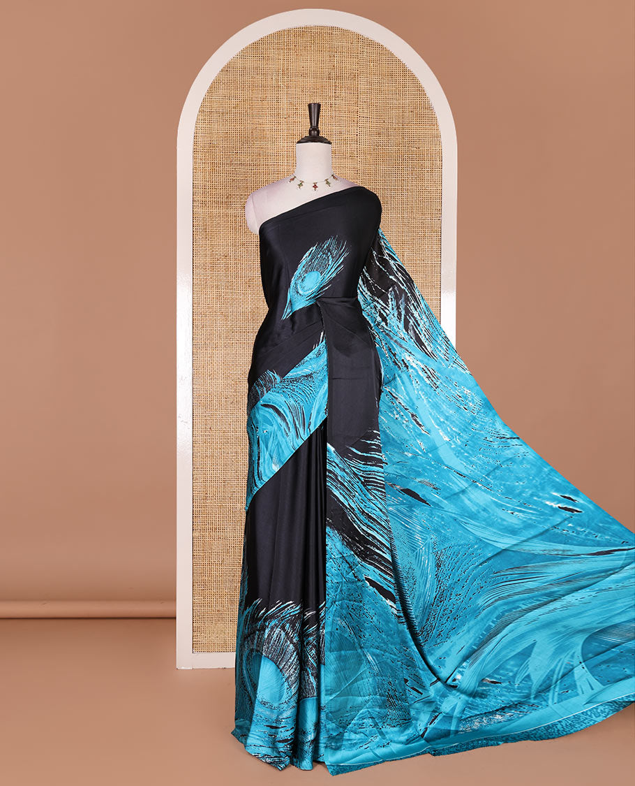 Borderless black and blue  peacock feather-like abstract printed satin crepe saree, peacock feather-like abstract print pallu, and abstract print blouse
