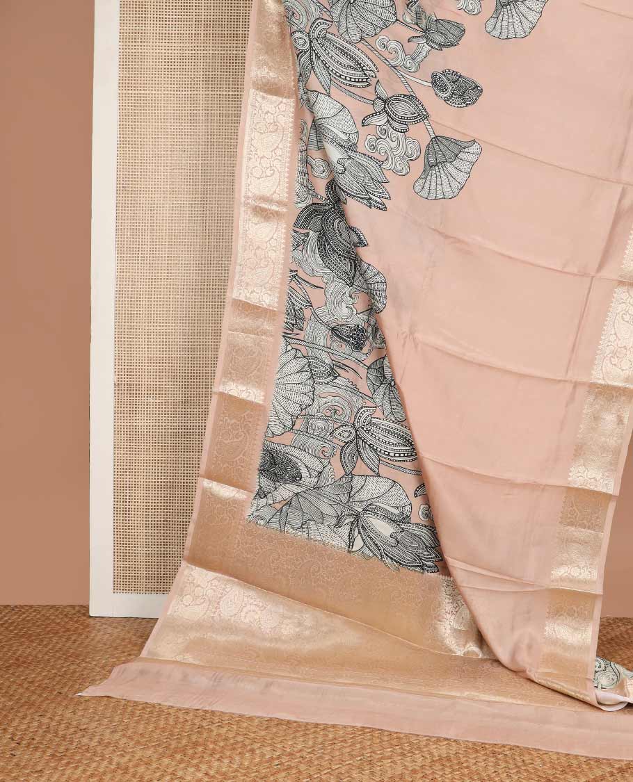 light pink floral design printed silk saree with self zari design border & floral design pallu