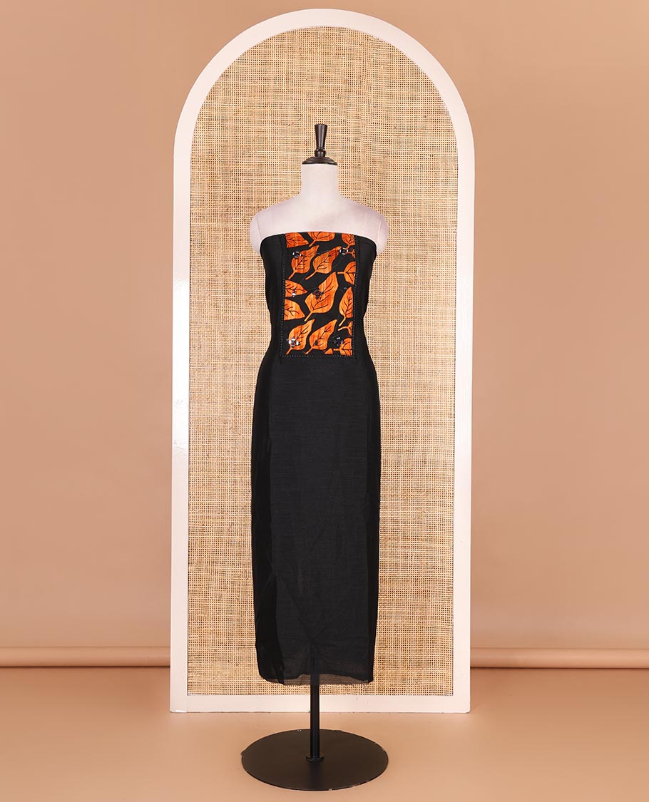 Black and orange material churidar set, neck leaf print with mirror work Vichitra silk top, plain santoon bottom, and leaf printed shimmer georgette dupatta