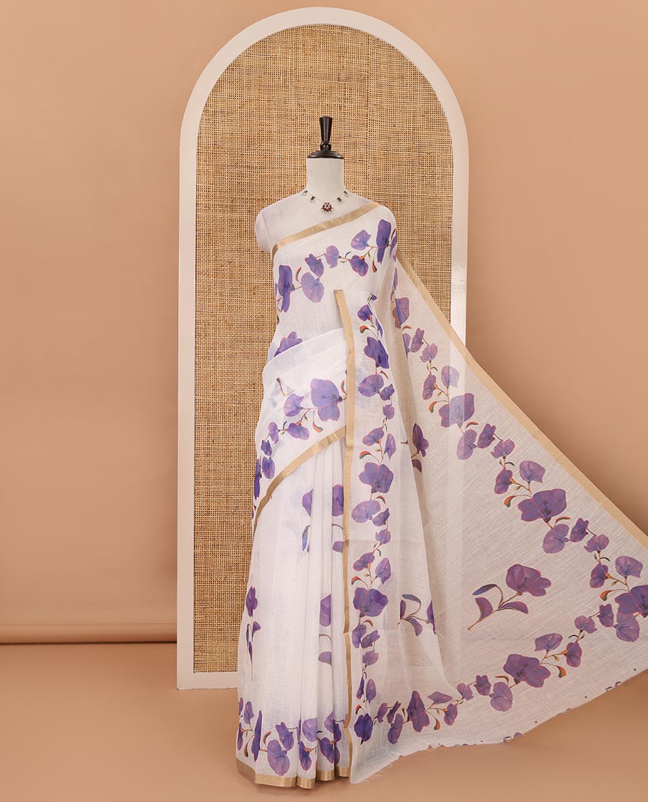 White-base violet color floral creeper printed linen saree, zari piping border, floral creeper print pallu & floral print blouse