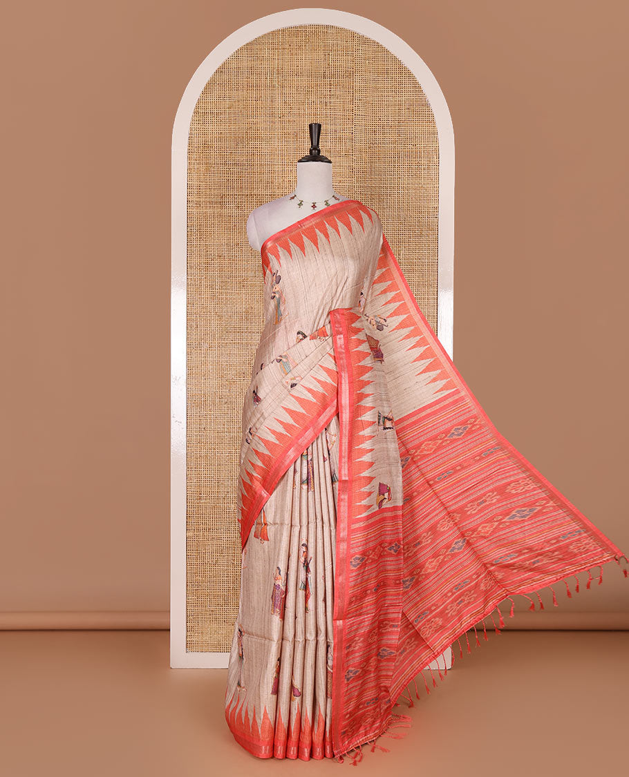 Chikku and orange Radha motifs printed katan silk saree, contrast temple border, ikkat motifs woven pallu, and contrast printed pallu