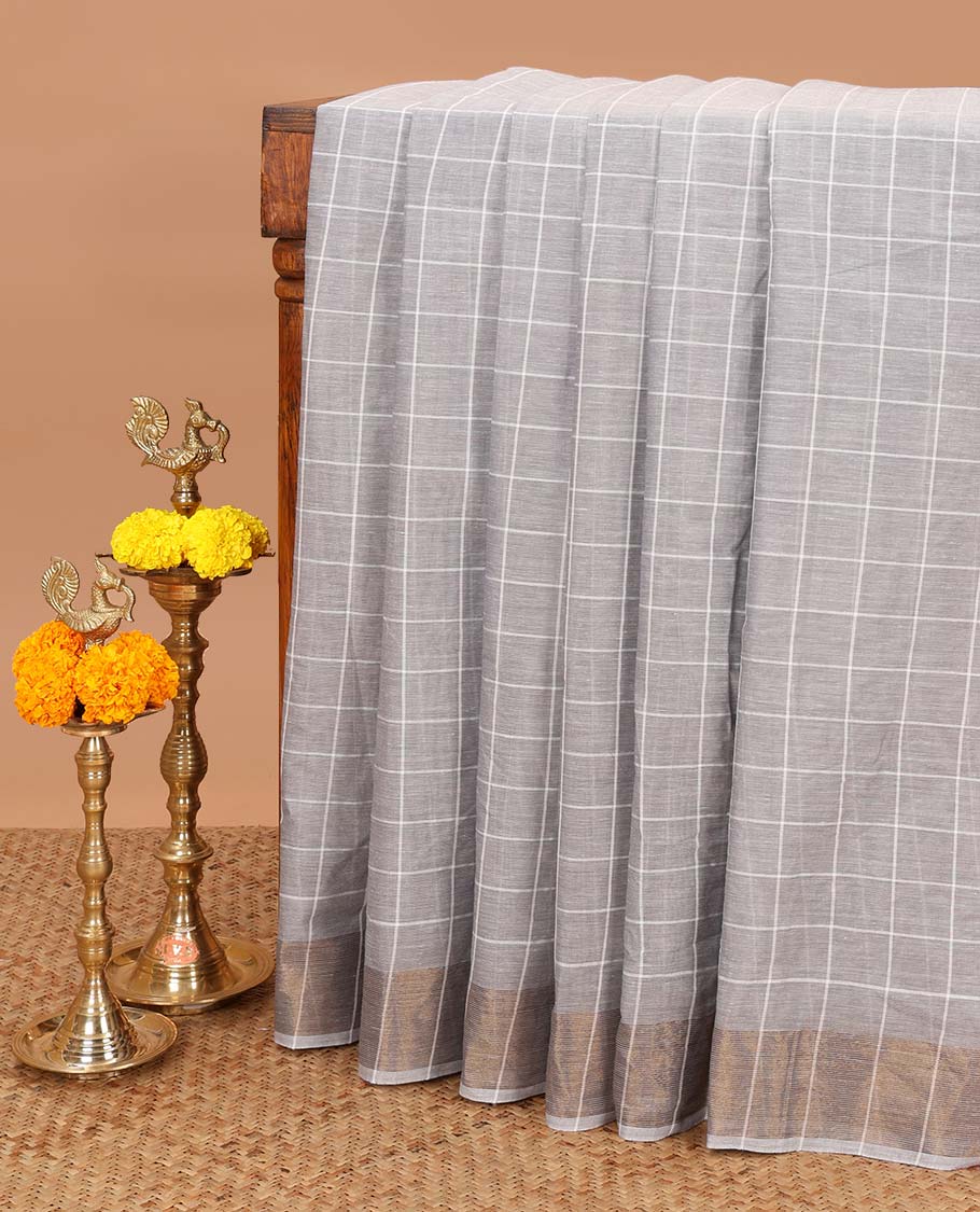 Grey checks jute cotton saree with zari border & zari checks pallu along with checks blouse