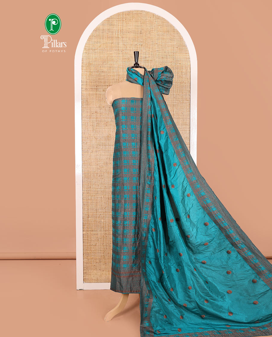 Blue Material Chudidar Set Decorated with Copper Zari Checks Semi-Modal Silk Top, Subtly Made Plain Santoon Bottom, and a Semi-Modal Dupatta Featuring Polka Dots in Zari
