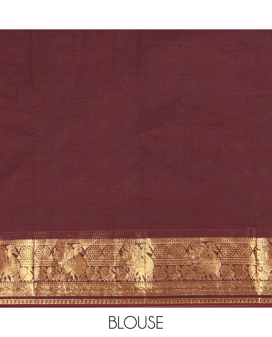 Brown Chettinad Cotton Saree, Spotlighted with Zari Stripes, Traditional Peacock-Chakram Border, Traditional Pallu, and a Matching Blouse