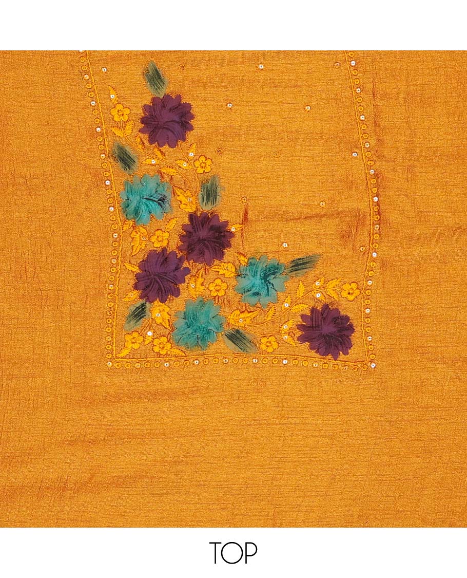 Mustard chudidhar material set floral thread embroidered top with plain bottom & floral design dupatta