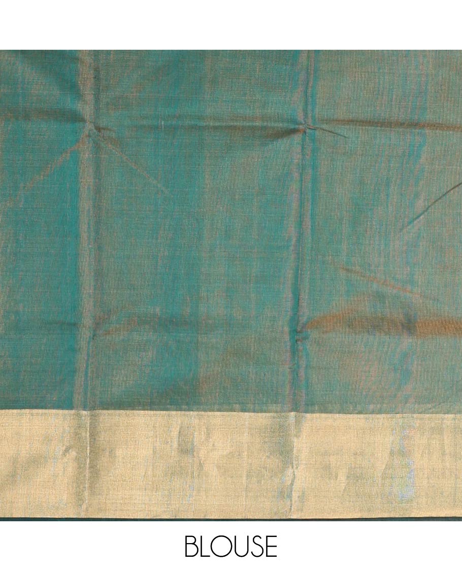Green chanderi cotton saree with contrast border & striped pallu