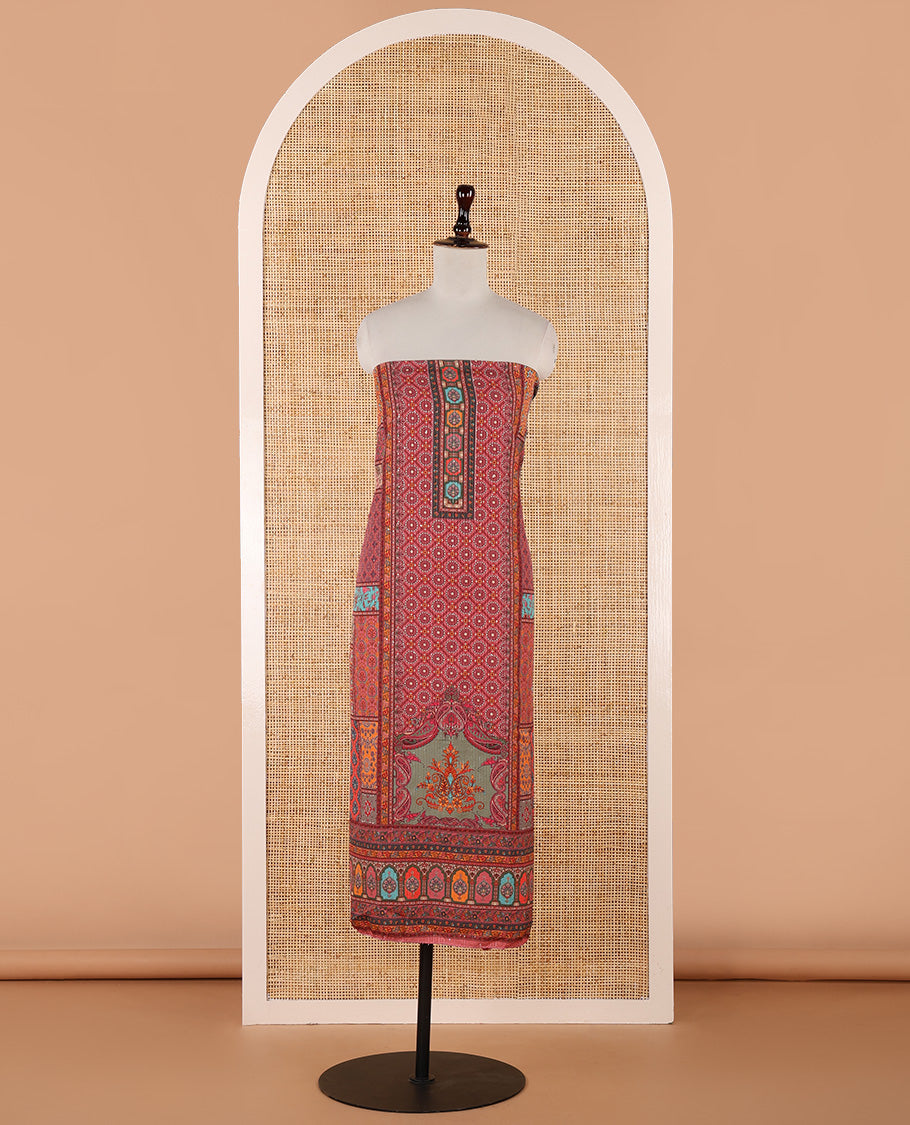 Multi-color churidar material set, ajrakh-printed with sequins work crepe top, kalidoscopic-colored dupatta of ajrakh print & sequins work & plain crepe bottom