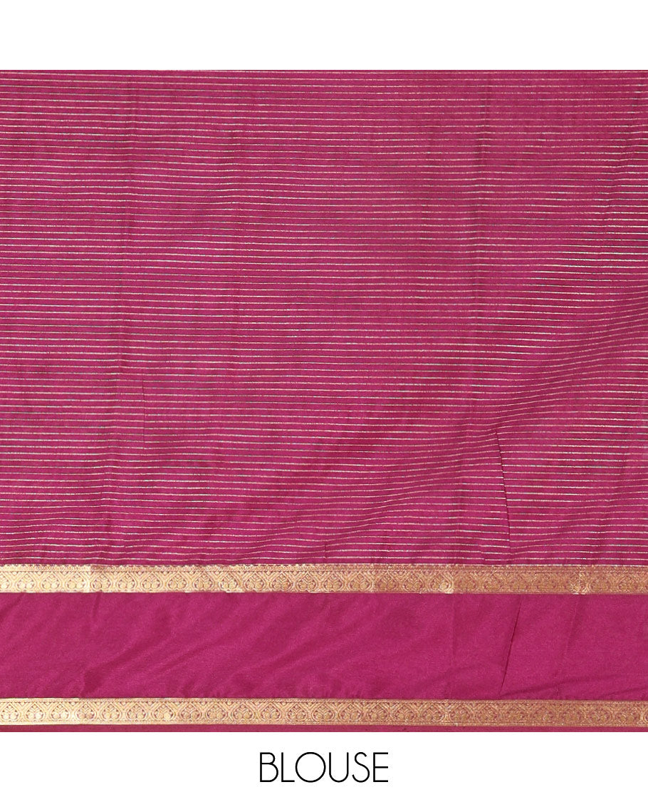 Rust Orange Art Crepe Saree Gleamed with Horizontal Zari Stripes Running Across the Body, Complemented with a Rettai Pettu Traditional Zari Border, Pallu of Zari Stripes, and a Contrast Zari Woven Blouse