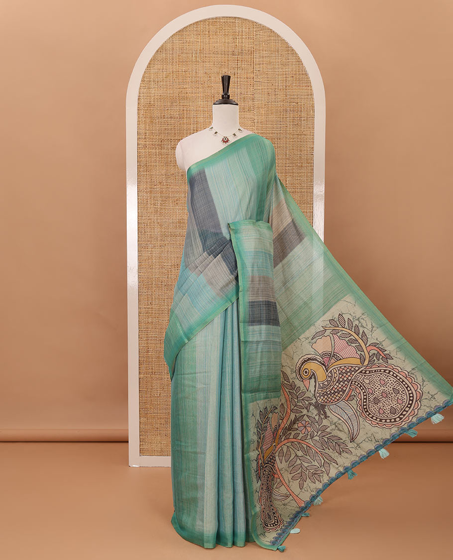 Green rainbow-striped mercerised tissue saree, madhubani-style peacocks print pallu & kalamkari floral vine print pallu