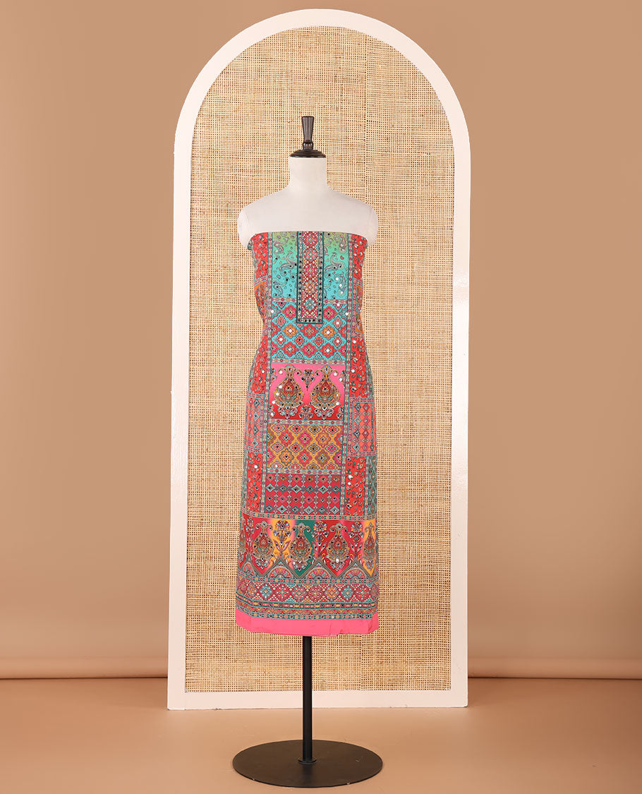 Pink crepe masakali material chudidar set, geometric print with mirror embroidery top,plain bottom & multi-color geometric print & mirrorwork dupatta