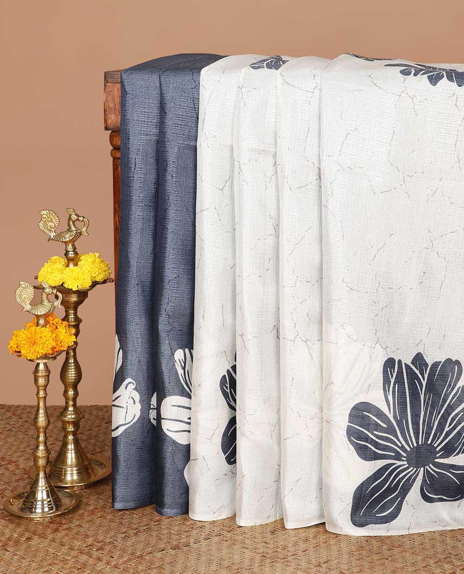 Dark grey floral design khadi silk saree with self border & solder pallu along with plain blouse