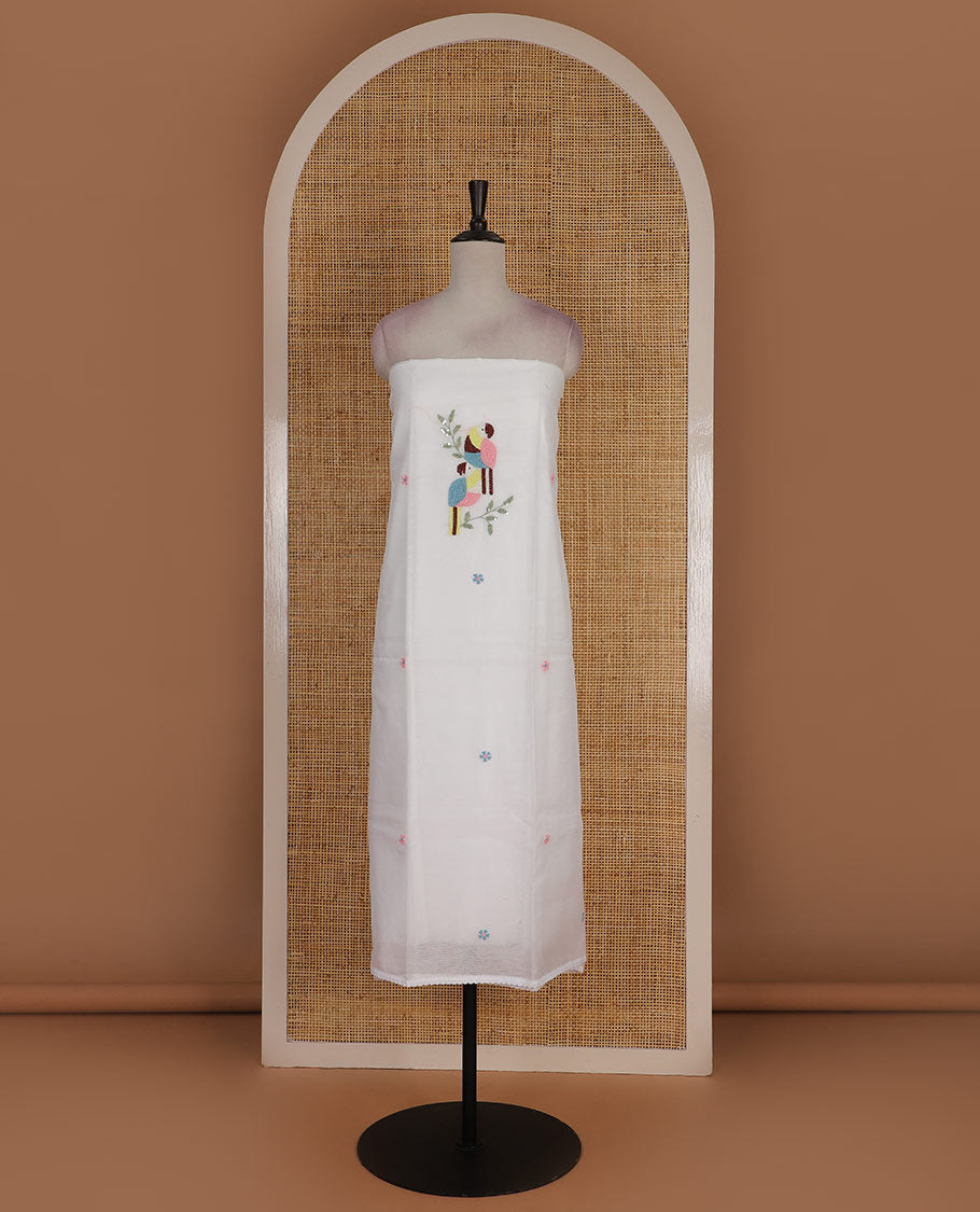 White net kota material chudidar set, macaw parrot, and flower motifs, multi-color sugar bead embroidered top, plain santoon bottom, and sugar bead embroidered dupatta