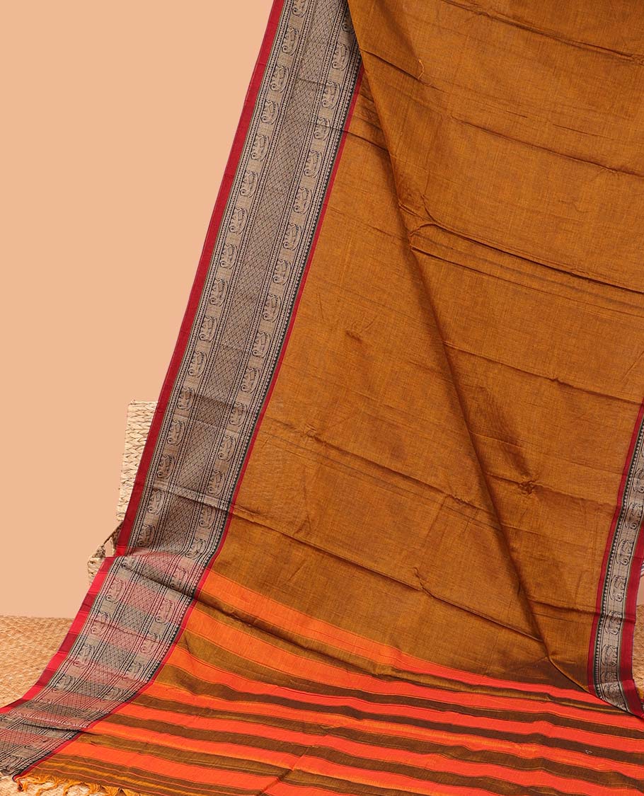 Brown plain design Narayanapet cotton saree, contrast traditional design border & striped pallu