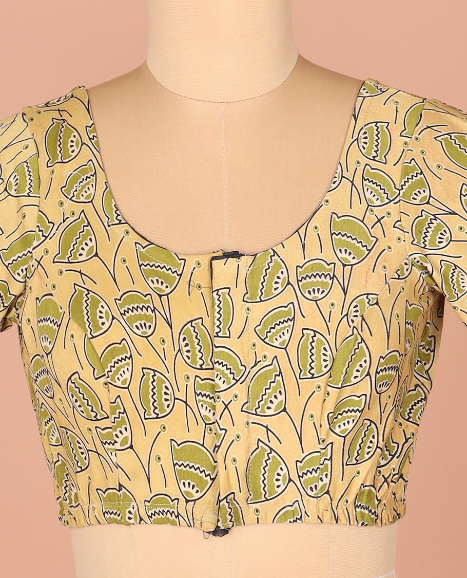 Pale Yellow Readymade Blouse Embellished with Lotus Motifs Print, Featuring Front Round Neck, Back Round Neck, and Elbow Sleeves