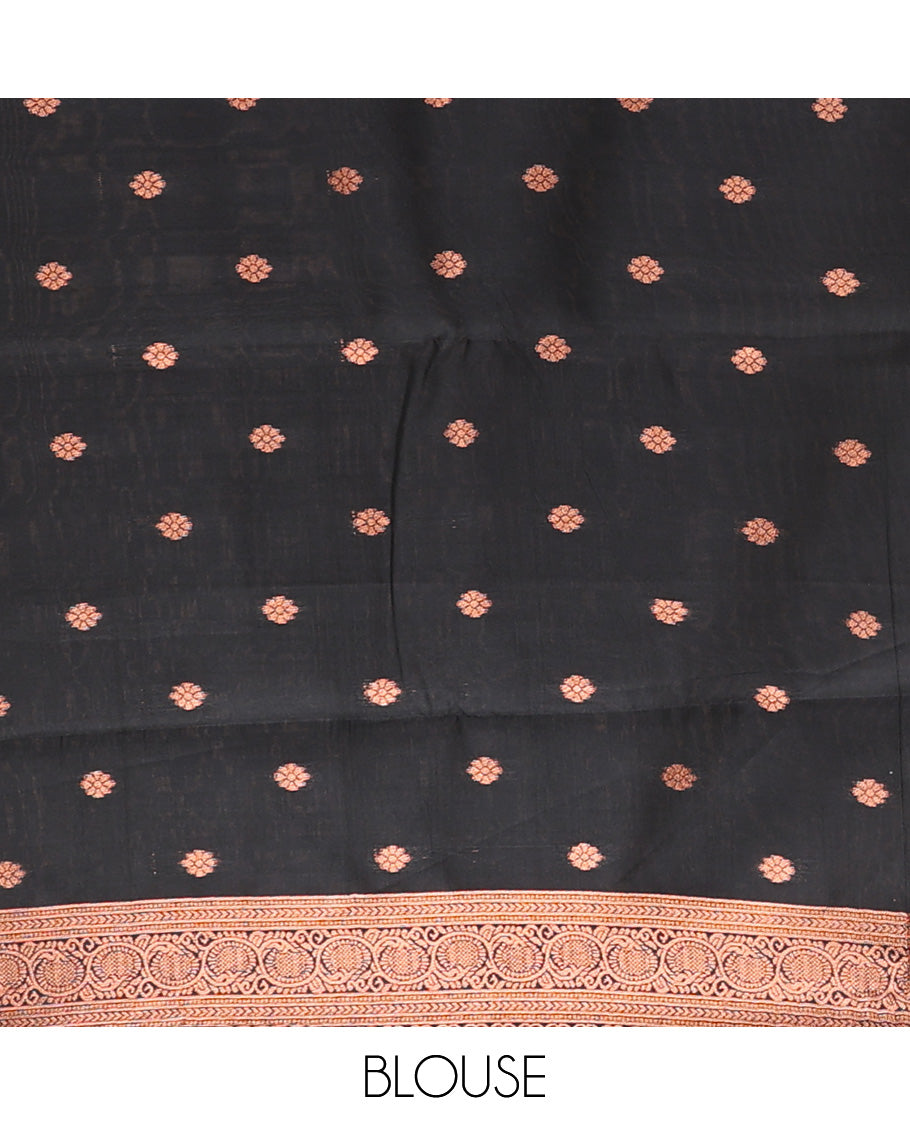 Pastel brown copper zari butta litchi soft silk saree with contrast double pad border & zari butta blouse