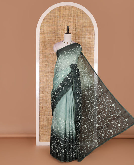 Pista green-bottle green floral vine chickankari embroidered kota chex saree, lace border, floral vine chickankari embroidered pallu, and contrast plain blouse