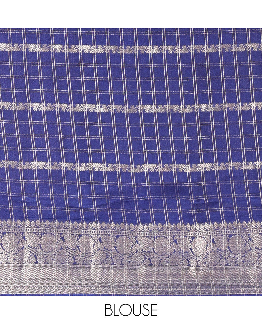 Off-White Fancy Georgette Saree, Detailed with Zari Designs, Complemented by a Contrast Ganga-Jamuna Zari Temple Border of Traditional Designs, Pallu of Paisleys, and Paired with a Contrast Blouse