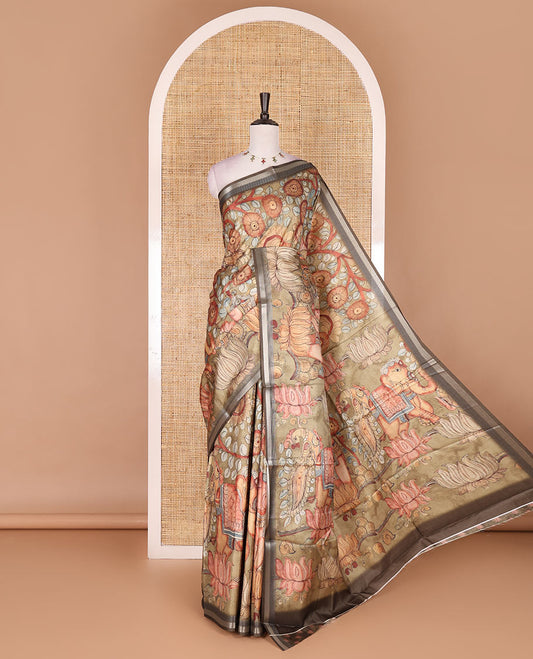 Light green kalamkari elephant, peacock, and floral printed semi-tussar saree, zari piping border, kalamkari motifs printed pallu, and contrast printed blouse
