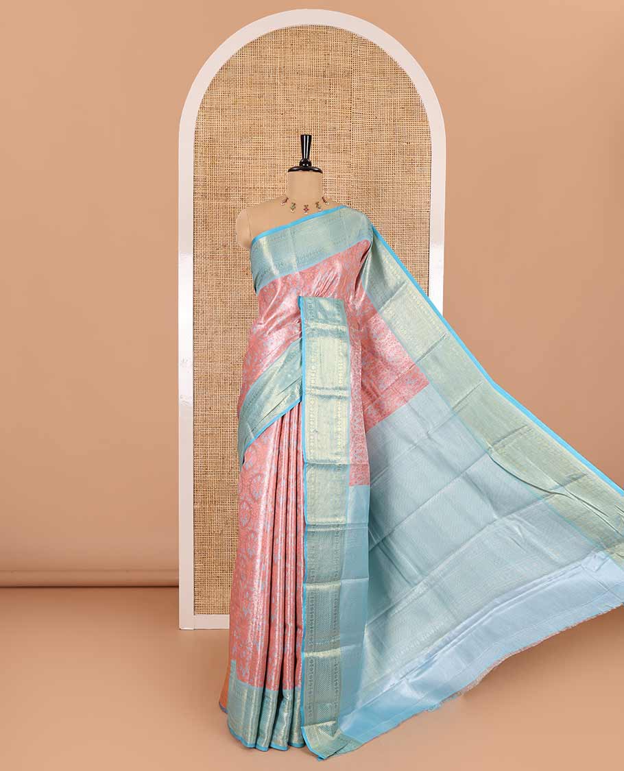 Onion pink floral jacquard Kanchi tissue saree, contrast traditional zari design border, gleaming pallu, and a contrast jacquard blouse