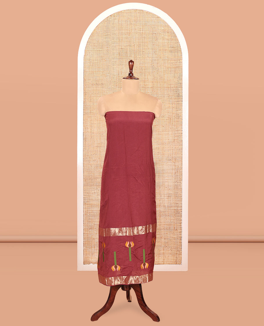 Maroon Mul Chanderi Material Chudidar Features Jamdani-Floral Top, Plain Bottom, Jamdani-Floral Dupatta