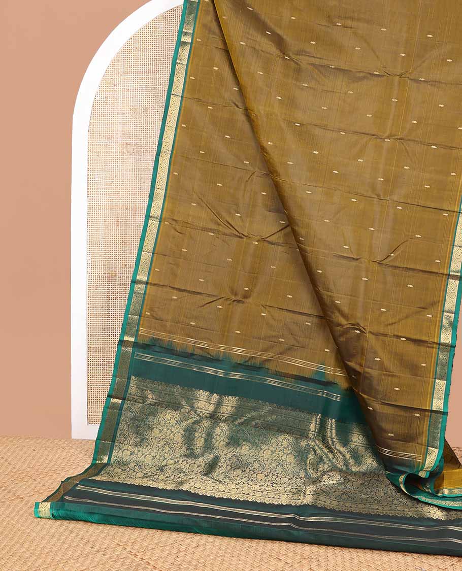 Brown buttas kancheepuram silk saree with contrast floral design border & jaal design pallu