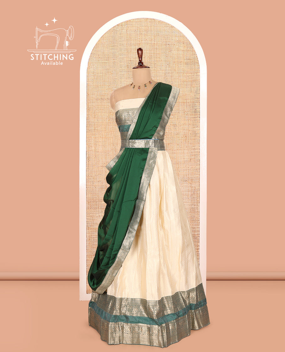 Cream-Green Semi-Silk Half-Saree