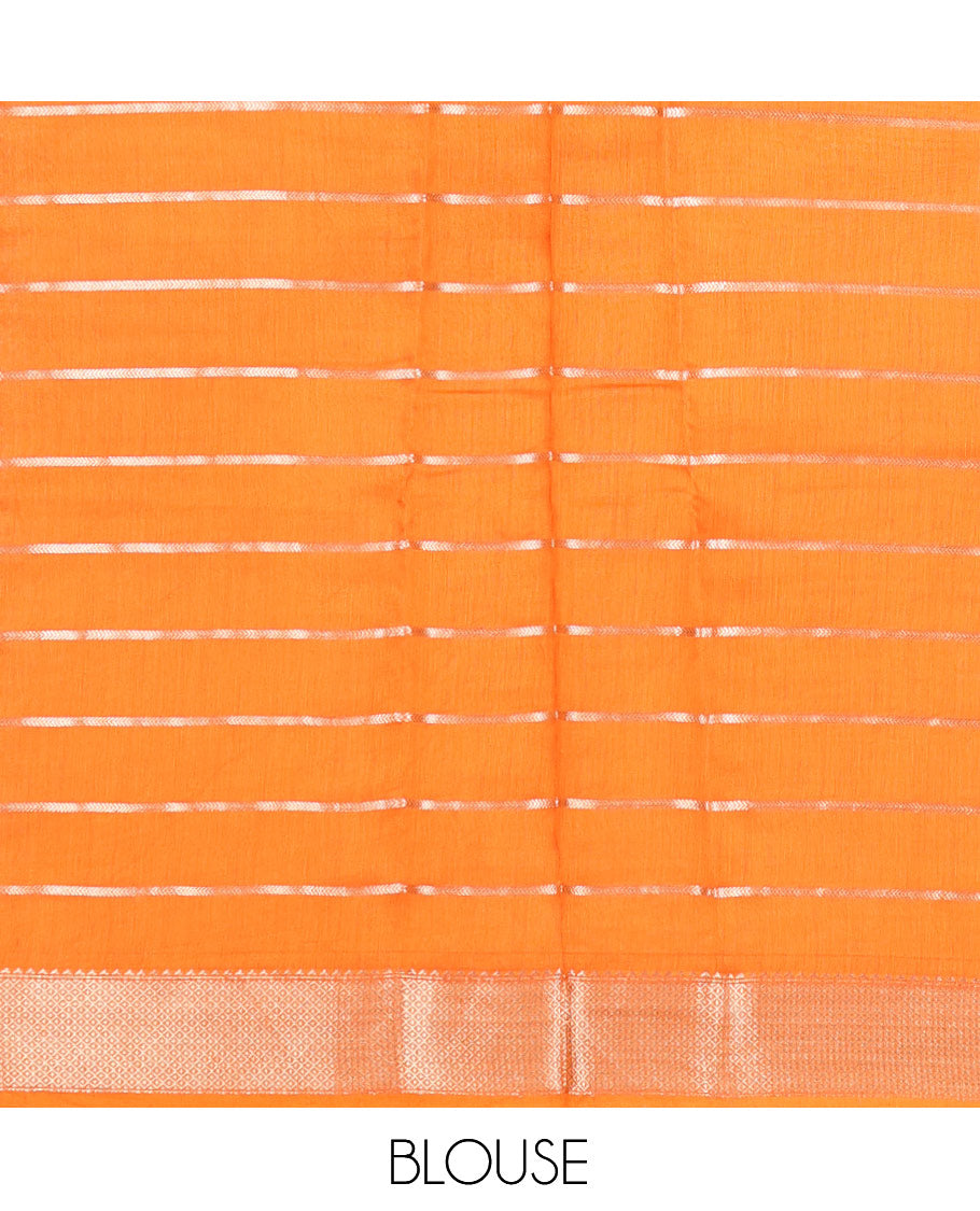 Orange Zari Striped Assam Silk Saree, Highlighted by a Traditional Zari Border, Zari-Striped Pallu, and a Matching Blouse