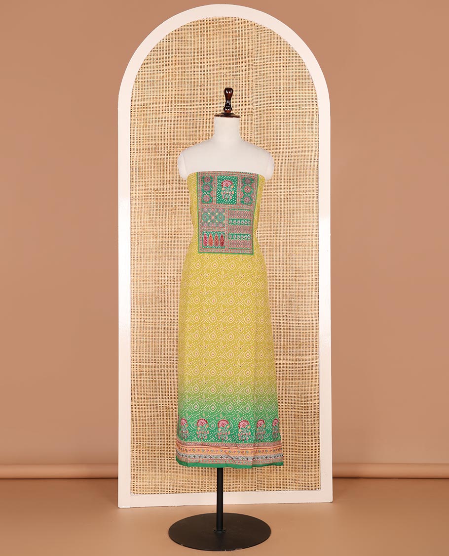 Parrot green bhandani print, floral design, swarovski work crepe chudidhar material top with american crepe pant & chinnon material bhandani print, swarovski work dupatta