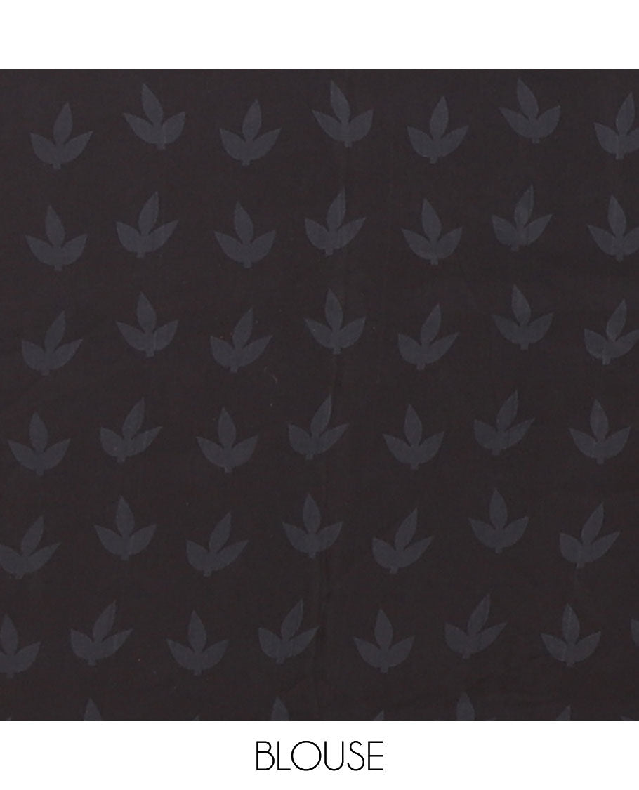 Borderless black half-half style crepe silk saree printed with red color leaf vine design, leaf motifs printed blouse