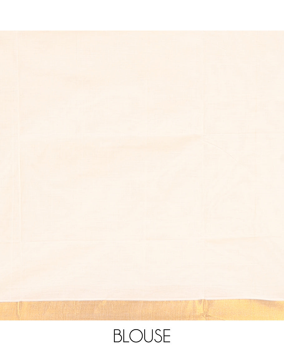 Cream Kerala Saree, Elevated with Zari Buttas on Its Body, Subtly Sparkled Bavanji Border, Pallu Woven in Zari Floral Designs, and Paired with a Matching Blouse