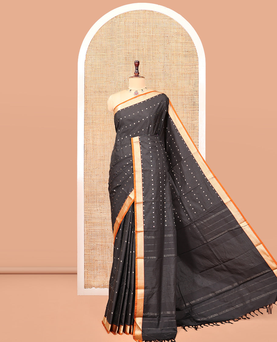 Black Budget Silk Saree, Detailed with Stripes and Buttas, Contrast Traditional Zari Border, Self-Pallu, and a Matching Blouse
