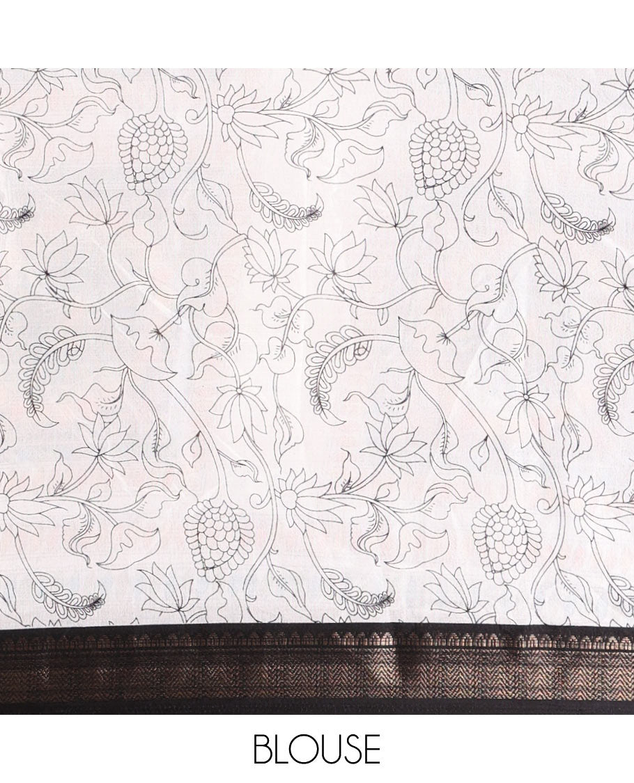 Black with white kalamkari printed dola silk saree, contrast jacquard border & madhubani printed pallu along with floral printed blouse
