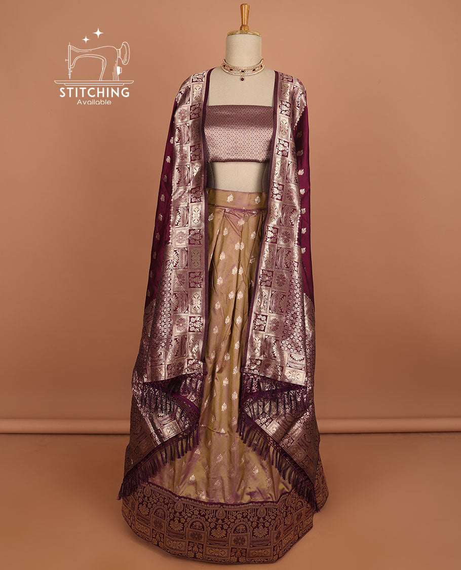 Brown buttas half sare with contrast zari border, zari design blouse & floral design dhavani