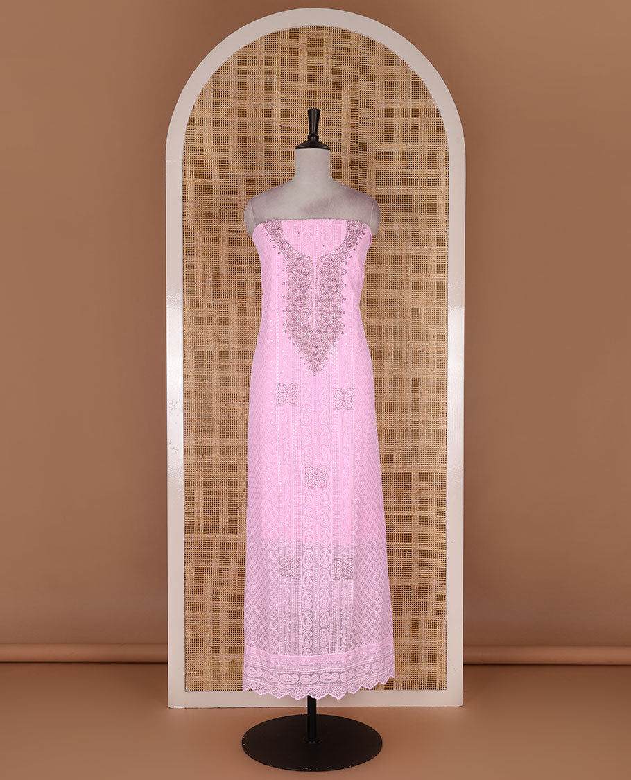 Light Pink material churidar set, stone work with Schiffli style embroidered georgette top, American Crape bottom, and polka dotted printed mirror work dupatta