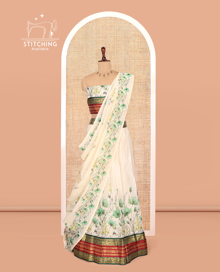 Cream-Green Semi-Silk Half-Saree Features Floral-Printed Skirt, a Contrast Traditional Border, a Matching Blouse, a Floral Dhavani