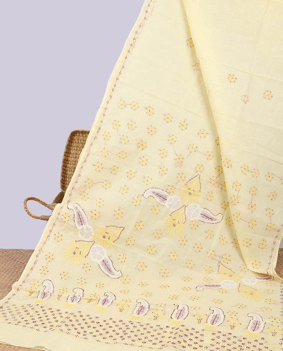 Yellow floral embroidery lucknowi chikankari cotton saree,self-border & pallu of floral & paisley embroidery