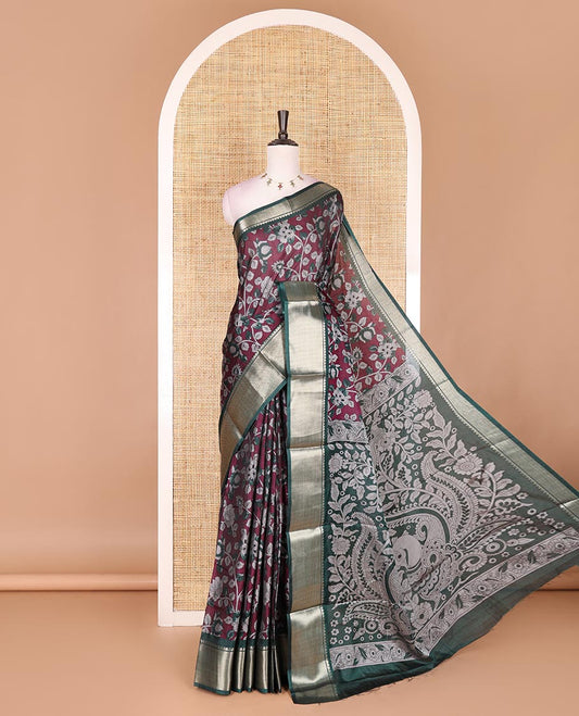 Purple Kalamkari floral vine and peacock printed dola silk saree, contrast traditional zari border, peacock printed pallu, and floral vine print blouse