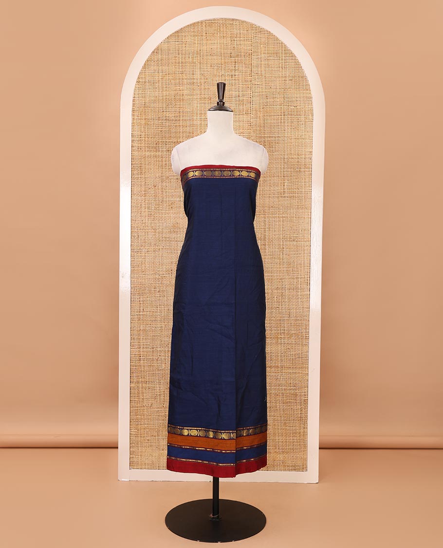 Navy blue mercerized cotton material chudidar set,plain contrast traditional rudraksham border top,matching bottom & 2-sided rudraksham border dupatta