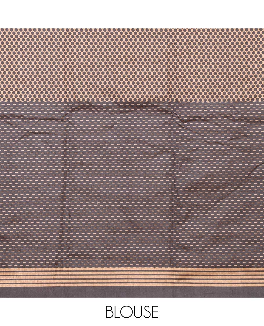 Black polka dot printed semi tussar saree with printed border & lining pallu along with do design printed blouse
