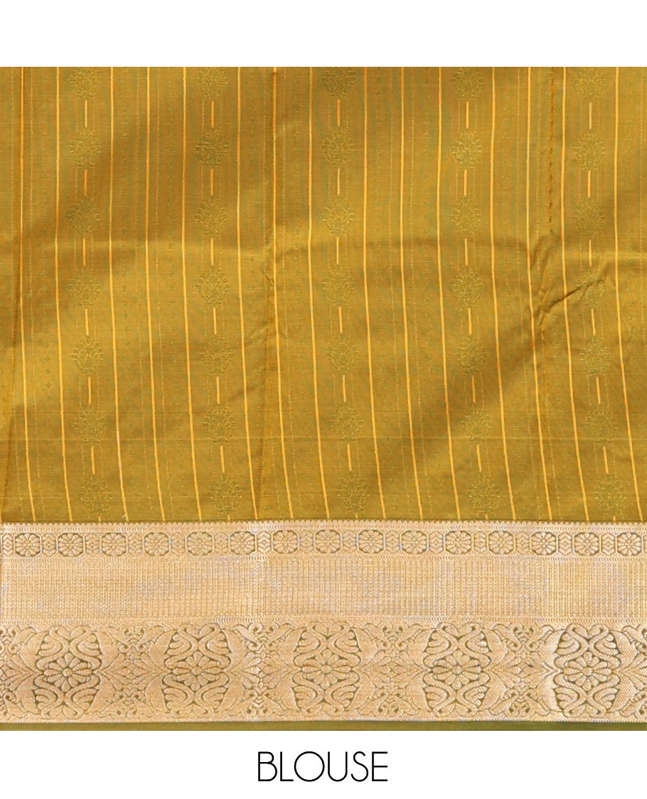 Yellow Art Silk Half-Saree Pavadai Material Features a Zari-Buttas Skirt, a Contrast Traditional Border, Contrast Blouse, and Scallop Embroidered Dhavani