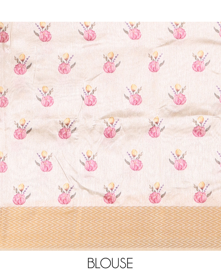 Cream Semi-Tussar Saree, Adorned with Floral Print, Zari Chevron Striped Border, and a Matching Blouse
