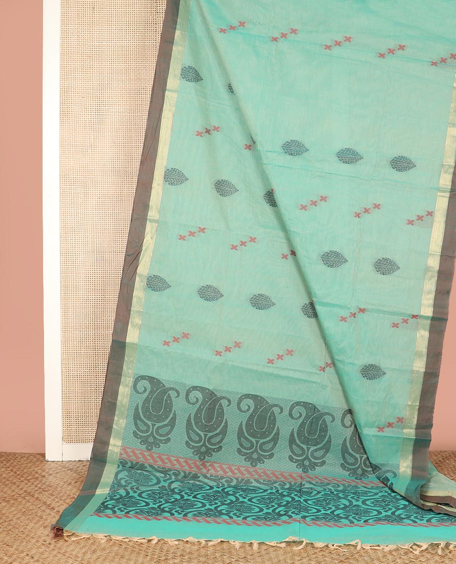 Blue Coimbatore Cotton Saree Woven with Buttas All Over Its Body, Complemented by Contrast Border, Pallu Depicts Paisley-Floral Designs, and Is Paired with a Matching Blouse