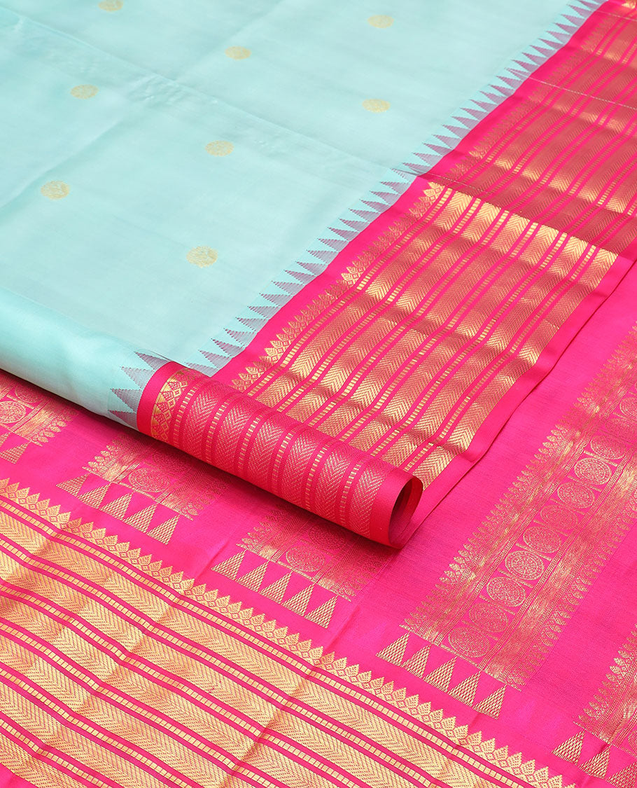 Light blue floral buttas nine yards silk saree with contrast traditional zari design border & intricate zari design pallu