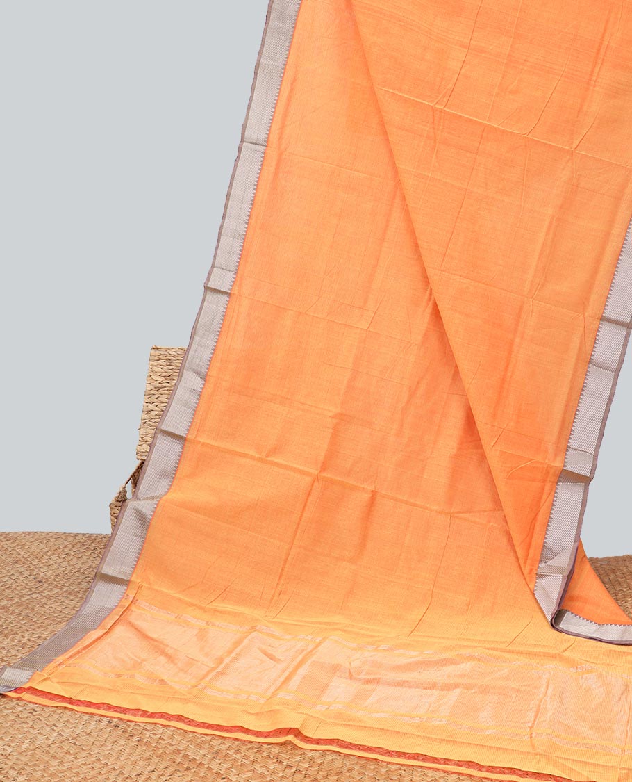Orange mangalagiri cotton saree with contrast striped, temple border & striped pallu