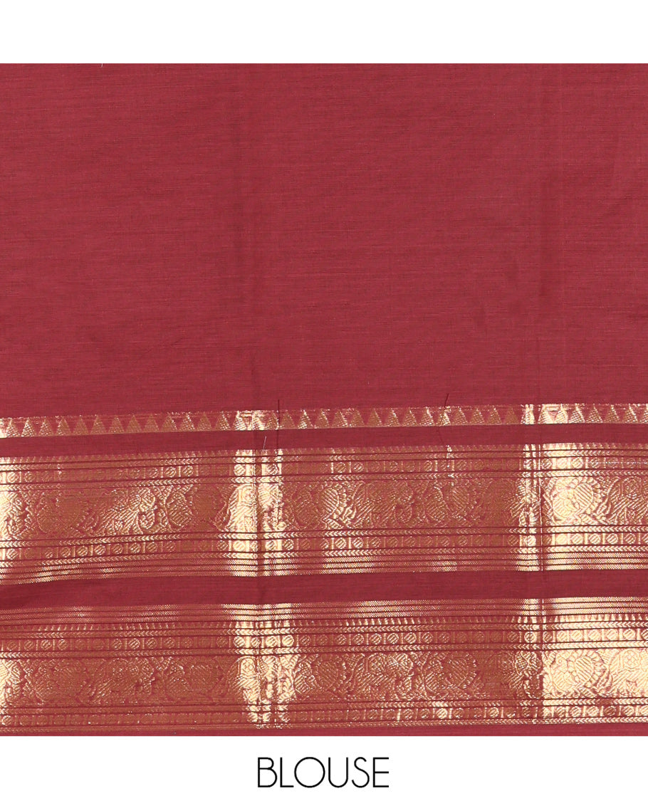 Maroon Plain Chettinad Cotton Saree, Highlighted by Rettai Pettu Peacock-Elephant Border, a Matching Blouse