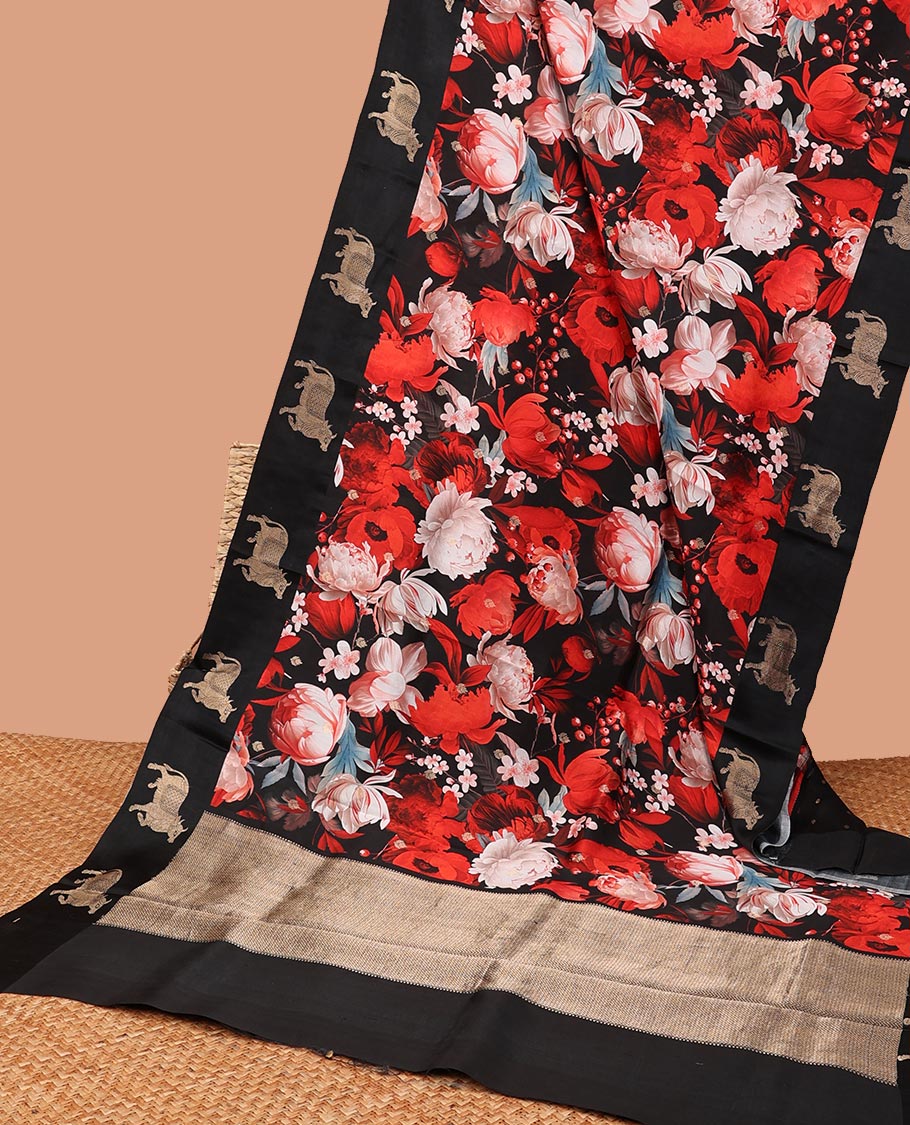 Black floral printed oraganza saree with self animal design border & intricate zari design pallu