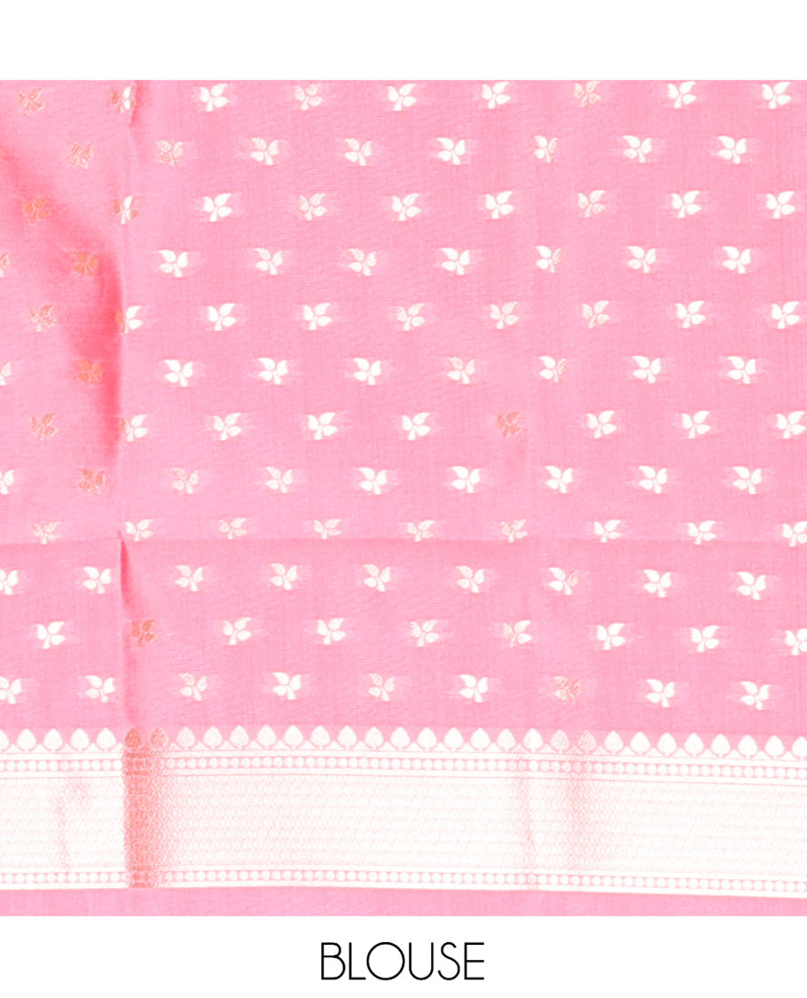 Borderless Pink Elite Soft Silk Saree, Elevated with Leaf Motifs, a Self-Pallu of Floral Designs, and a Matching Blouse