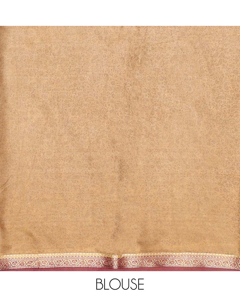 Sandal intricate paisley vine semi-banaras printed saree, contrast zari border & intricate printed pallu