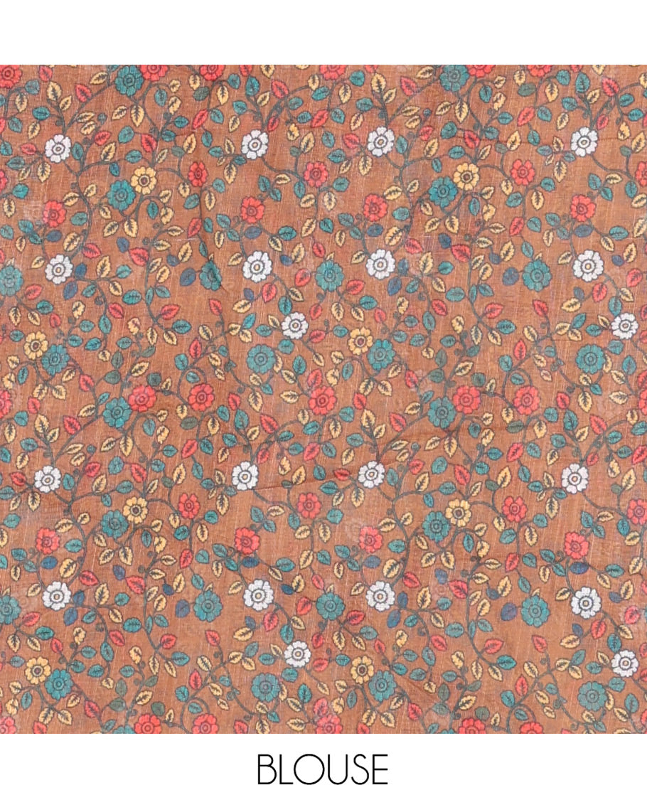 Cream-Brown Linen Cotton Saree, Adorned with Shibori Print, Contrast Piping Border, Kalamkari Floral Vine Pallu, and a Contrast Blouse